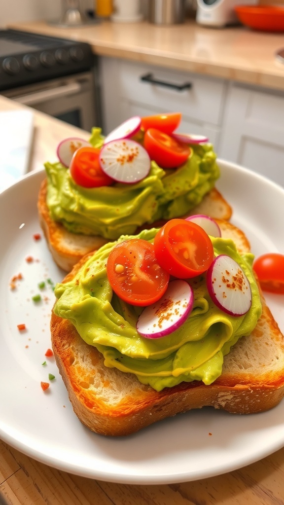 A plate of avocado toast topped with cherry tomatoes and radishes on toasted bread.